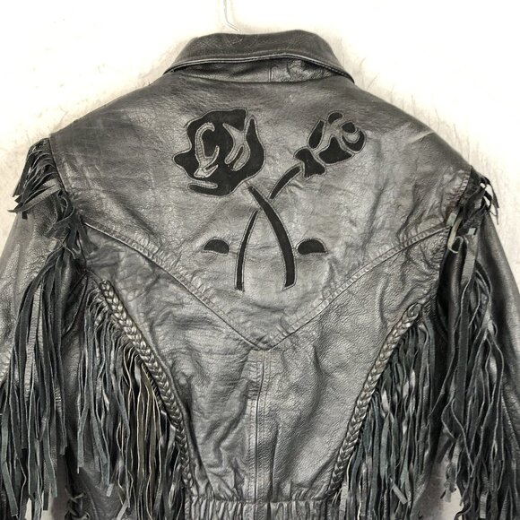 Black Leather Jacket Womens M Moto Fringe Scrolls Braids Biker Whimsigoth Rock - Picture 14 of 16
